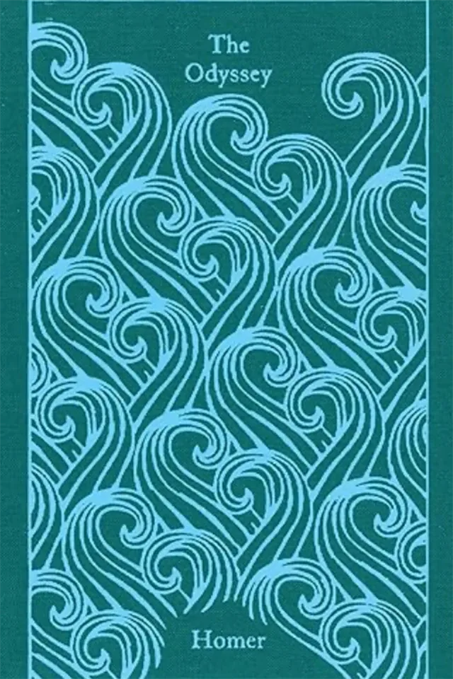 A teal cloth cover of The Odyssey by Homer, patterned with curling pale blue waves